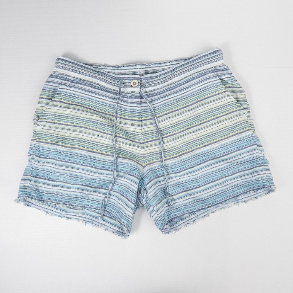 Tommy Bahama Striped Linen Shorts Womens Medium Drawstring Frayed Beach Coastal